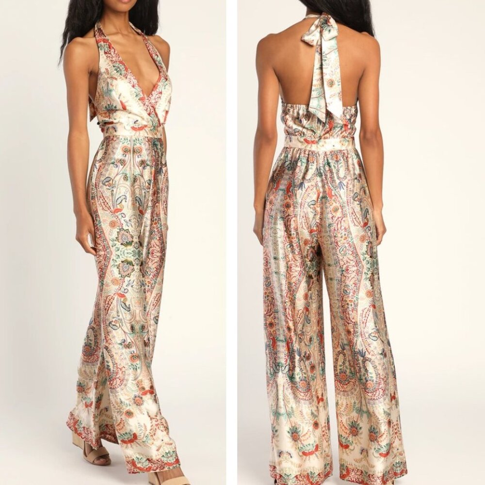 LULUS Divine Wanderings Cream Scarf Print Satin Wide Leg Jumpsuit